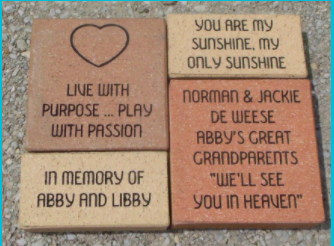 Example of engraved bricks which are available for purchase for placement in The Abby and Libby Memorial Park and softball field in Delphi, Indiana. After the Delphi Murders, the community has come together to build a park and nature trails to honor the girls and their love of sports.