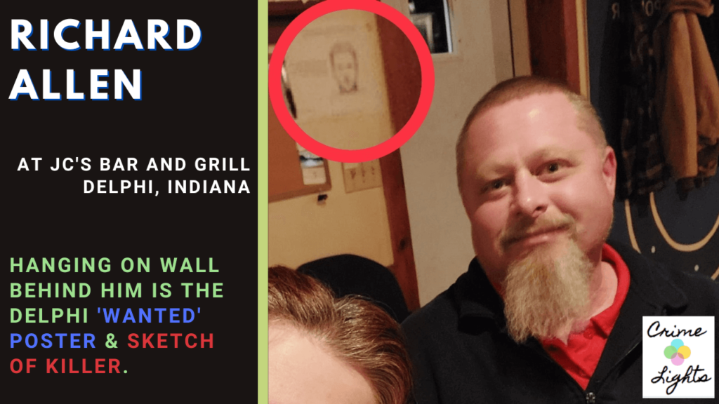 Richard Allen delphi murders arrest - Richard at bar in Delphi indiana. Behind him is the wanted poster and police sketch of the Delphi murder suspect. Photo by Richard Allen wife Kathy Allen