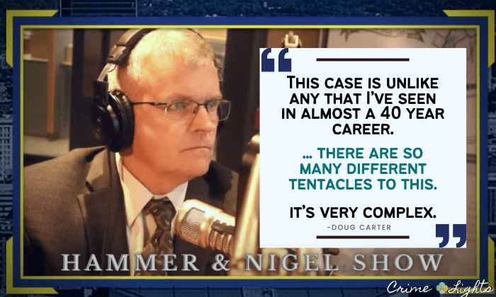 Image of quote from Doug Carter Delphi case & murder investigation. The Indiana State Police Superintendent calls the Delphi murder case "complex" with "many different tentacles to it". Image shows Doug Carter with headphones on speaking into a microphone in the 93.1 Studios during an interview on the Hammer and Nigel show and podcast. Photo from November 11, 2022.